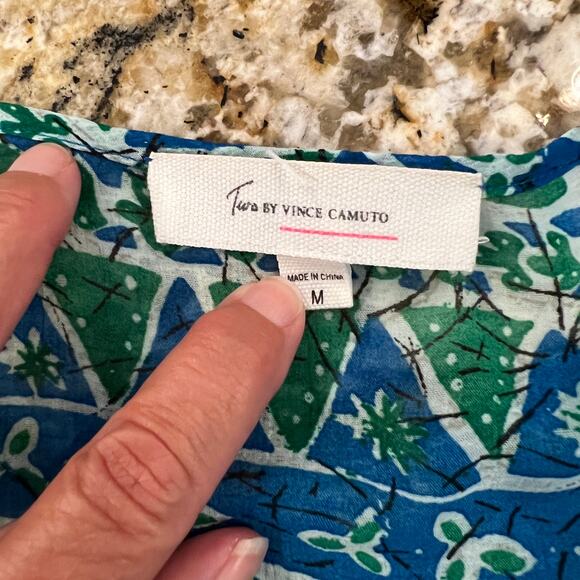 Vince Camuto Turquoise & Green Sheer Batik Tassel Boho Peasant Top - M - Picture 7 of 12